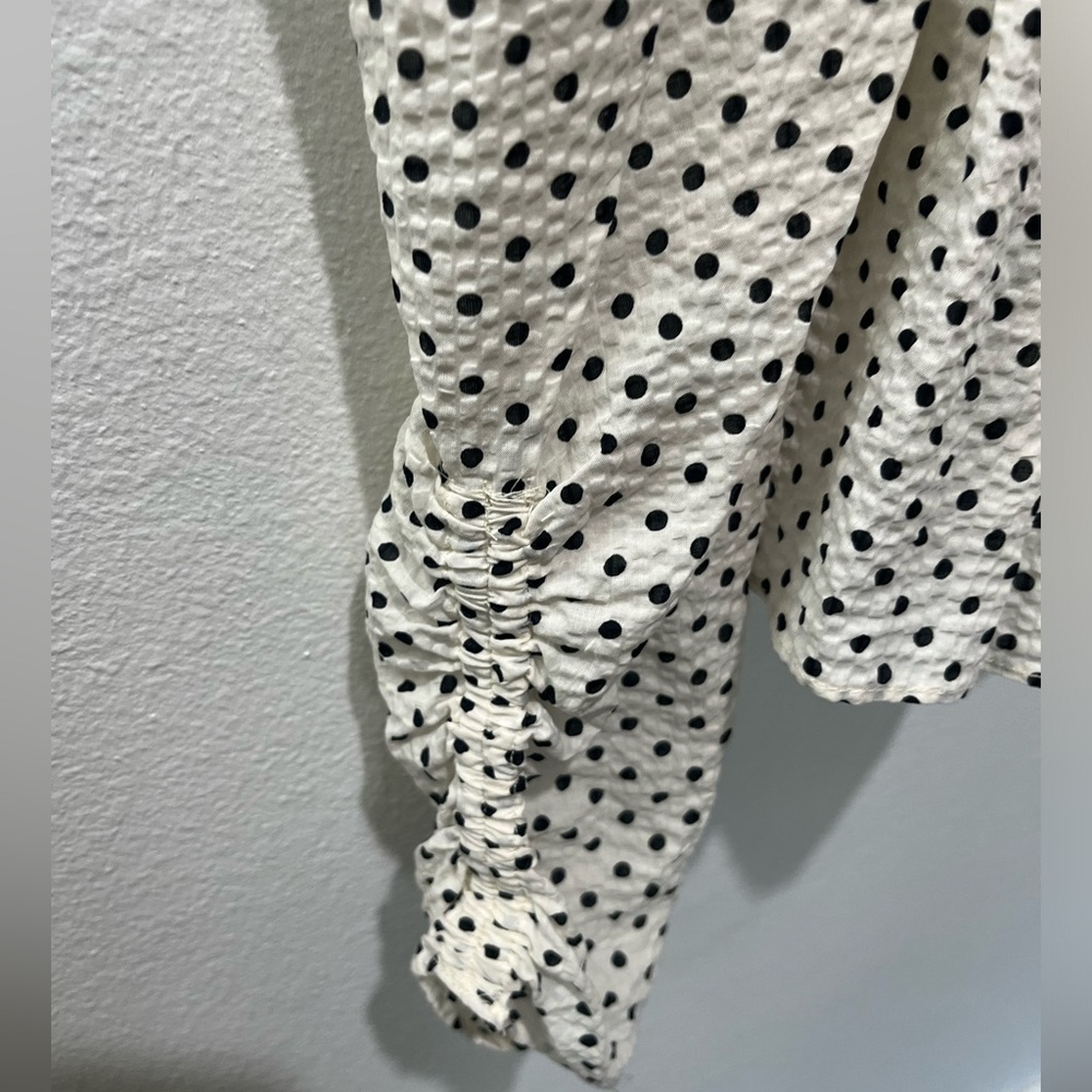 ENGLISH FACTORY WHITE BLACK POLKA DOT PUFF LONG RUCHED SLEEVE BLOUSE - Picture 7 of 9